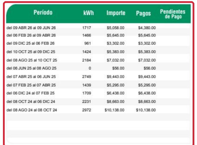 Tabla de consumo histórico en el reverso de un recibo de CFE, marcada en rojo, con los kWh e importe de los once bimestres anteriores