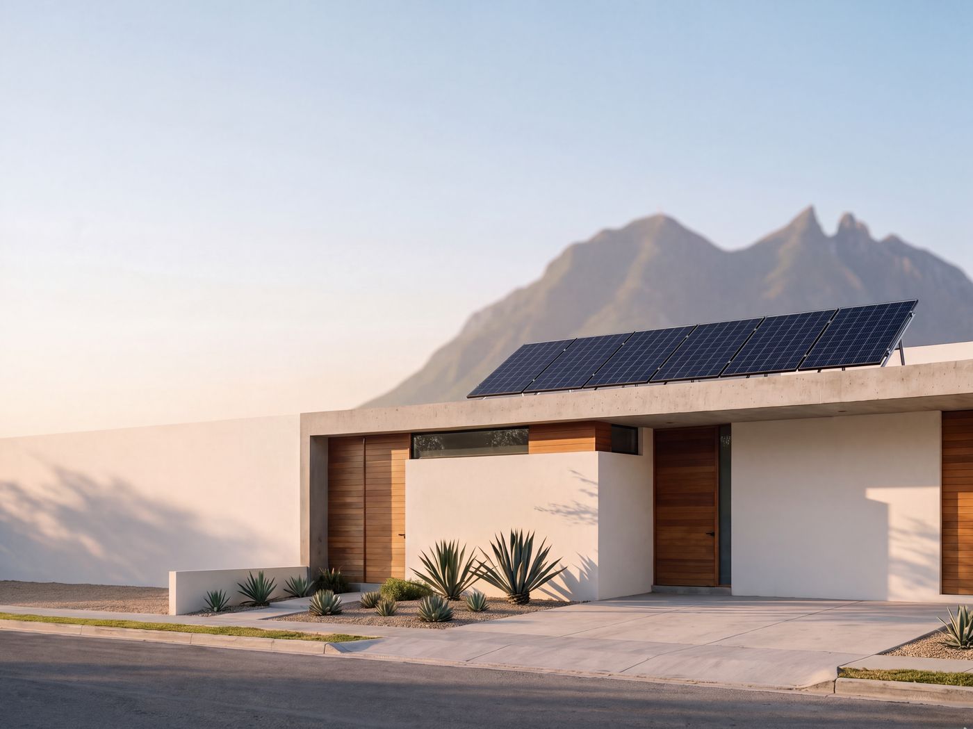 Casa de losa plana con paneles solares frente al Cerro de la Silla
