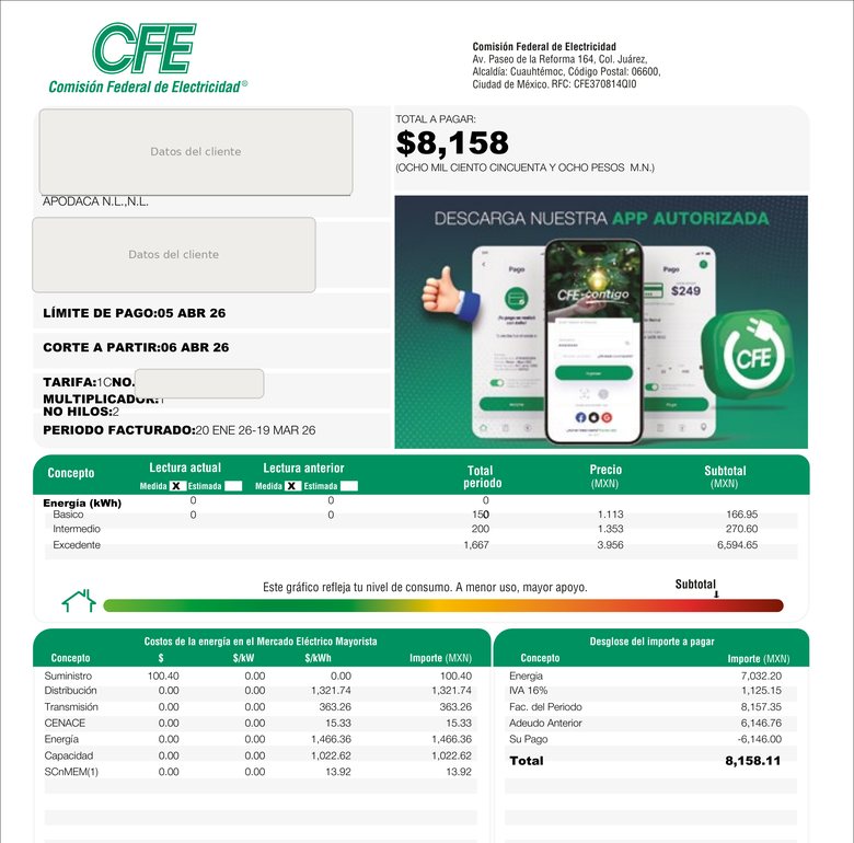 Recibo de CFE del 20 de enero al 19 de marzo de 2026, tarifa 1C, 2,017 kilowatts-hora, total a pagar 8,158 pesos. Los datos que identifican al cliente van cubiertos.